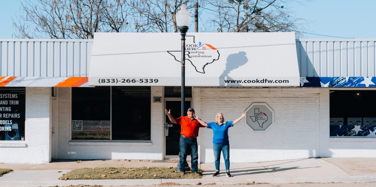kerri and Daniel cook in front of Cook DFW Roofing Cook DFW Team Outside Office